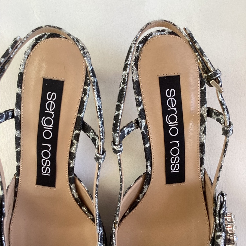 Sergio Rossi Metallic Silver/Black Leopard Pointed Kiten Heel Slingback Pump 6.5 - Picture 8 of 9